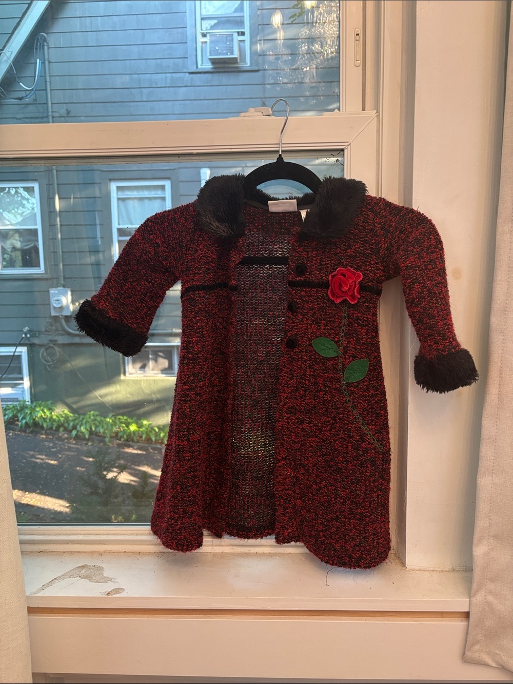 Blueberi Boulevard Red & Black Knit Girls' Coat with Rose Applique